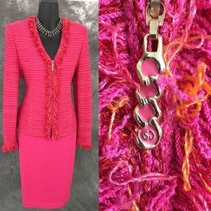 BEAUTIFUL St John collection knit pink fringe multi jacket skirt suit size 4